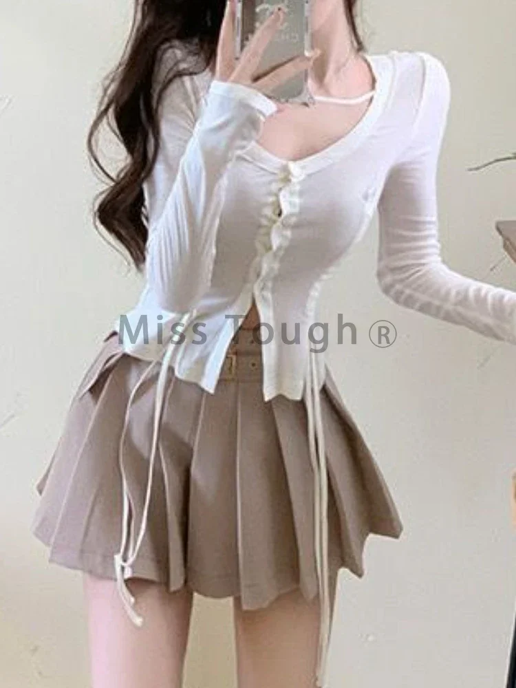 Summer Bandage Chic Two Piece Sets Women Casual Draped Sweet Mini Skirt Sets Female Designer Skinny Elegant Party Sets 2024 New