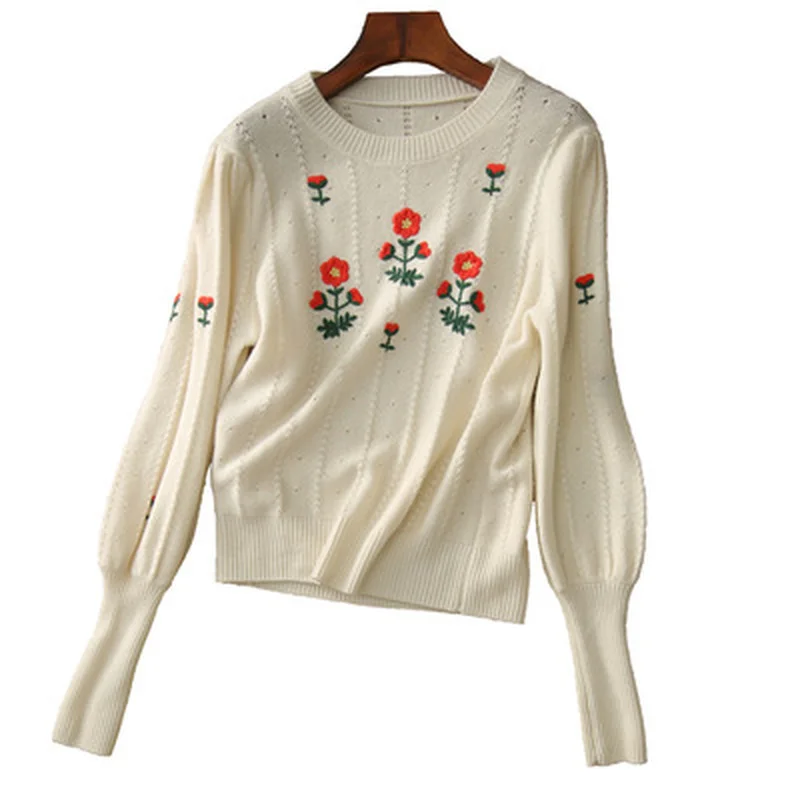 Vintage O Neck Embroidered Flowers Sweet Pullover Sweaters Simple Puff Sleeve Loose Casual Knit Tops Korean Style Sueter Mujer