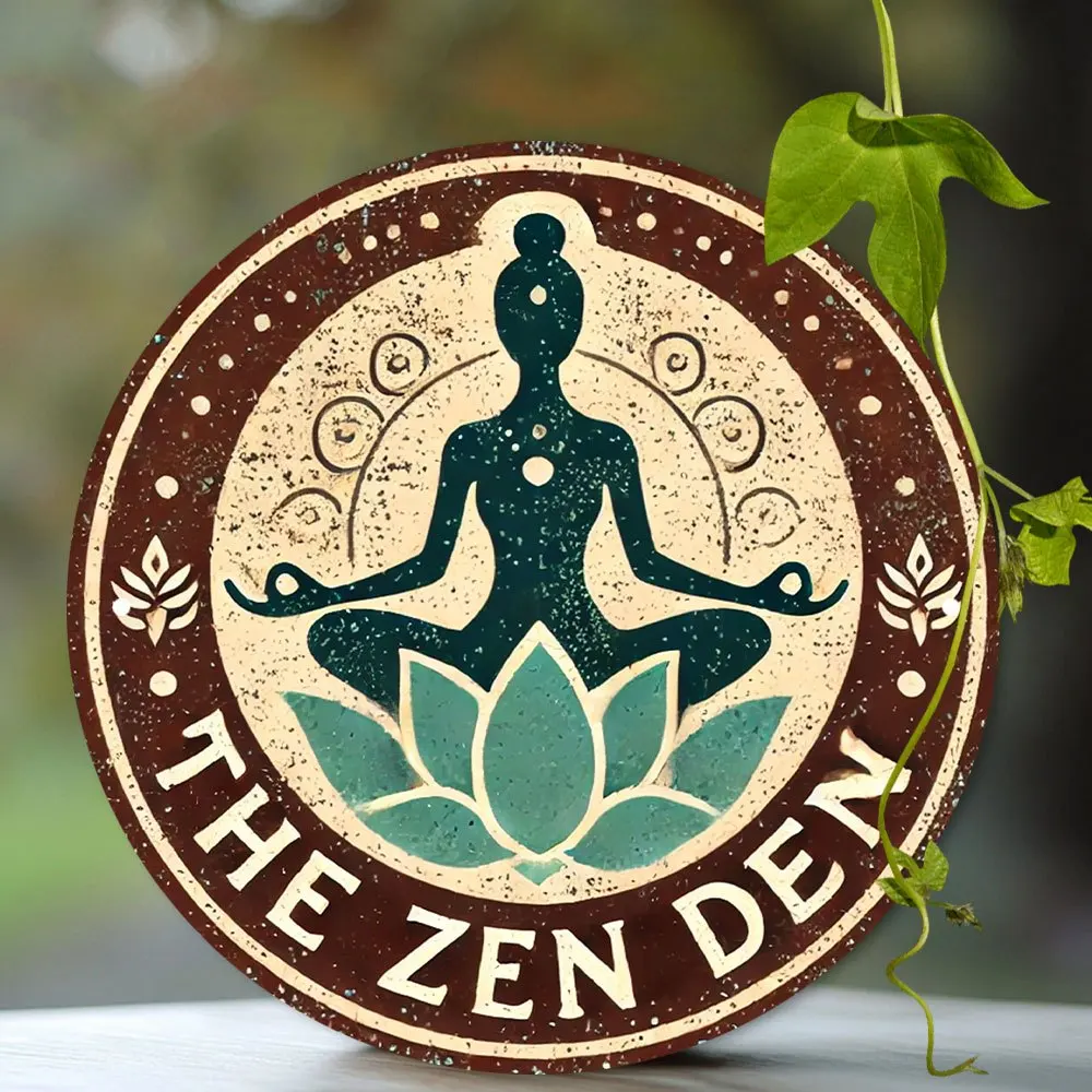 Decoração do quarto 1pc alumínio rústico 'The Zen Den' sinal redondo, 7.8 polegadas, arte de parede espiritual, decoração de casa de fazenda, sala de meditação A