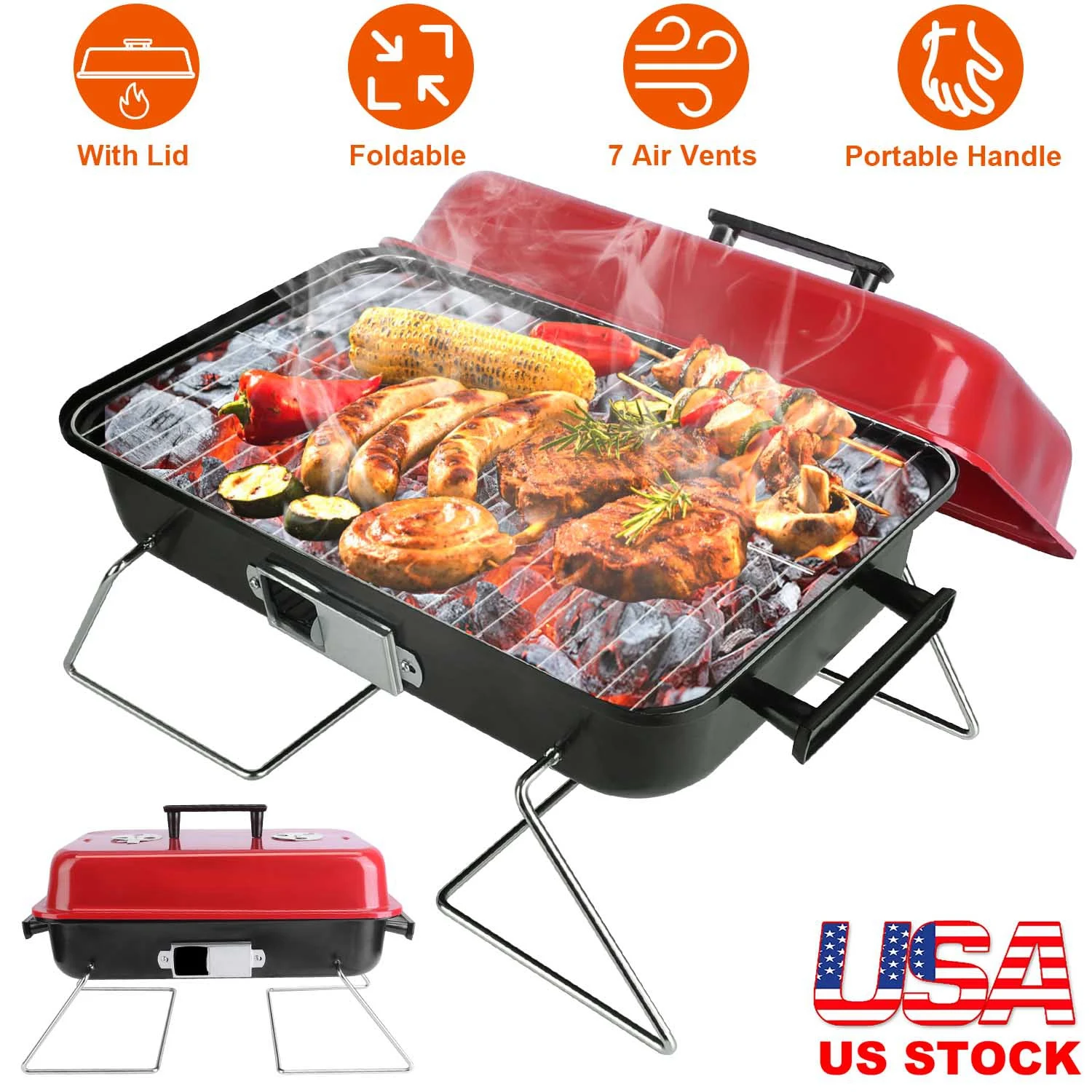 

Portable Charcoal BBQ Grill Folding Tabletop Smoker for Outdoor Camping Picnic Backyard Cooking US Local Delivery Fast Ship