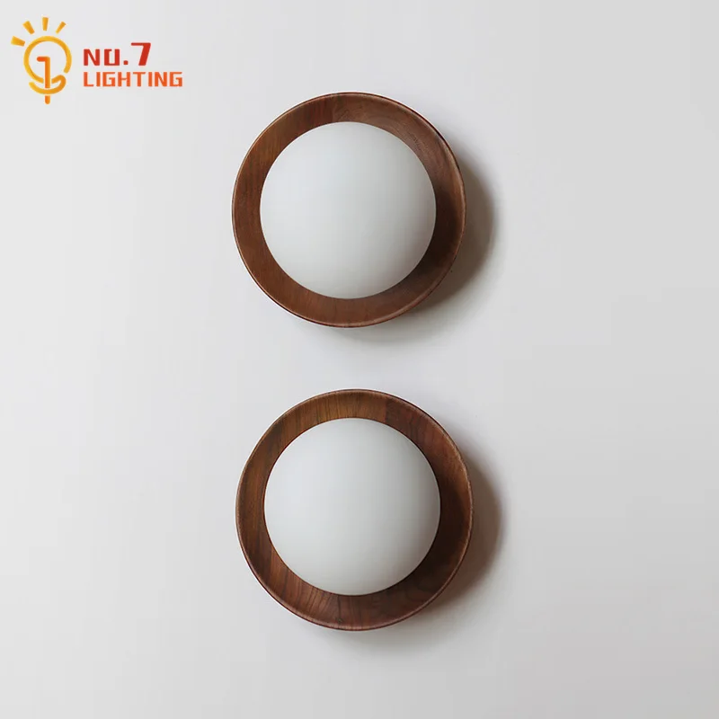 

North American Black Walnut Round Wall Lamp LED G9 Vintage Zen Art Decorative Wall Mounted Hotel Bedroom Living Room Background