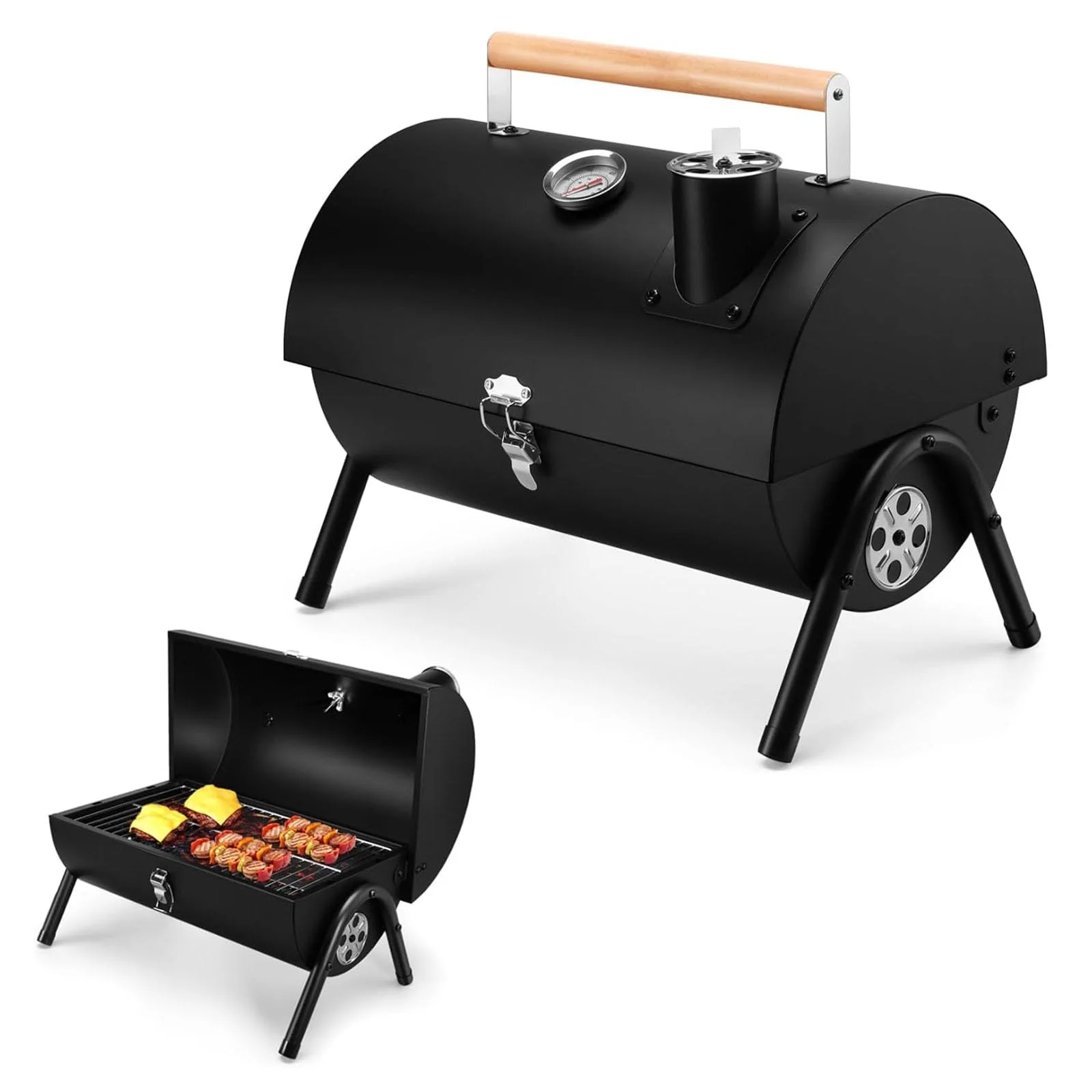 Portable Tabletop Charcoal BBQ Grill with Lid & Thermometer, Adjustable Air Vents for Camping Picnic Backyard Party Cooking
