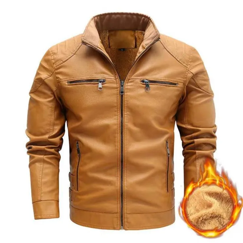

Winter men's leather jacket motorcycle hooded jacket men's warm Casual PU leather coat Fleece men's Coats