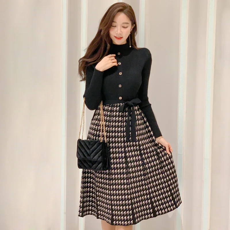 

Korean Elegant Knitted Plaid Patchwork Midi Dress for Women Long Sleeve O-neck Bird Lattice Bow Pleated Dress Autumn Winter 2025