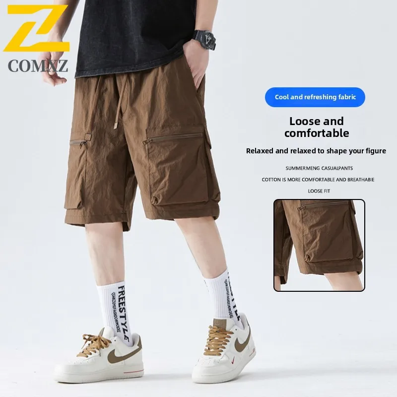 Summer Pocket Shorts Men's Fashion Retro Elastic Waist Breathable Freight Shorts Bermuda Male Casual Fishing Loose Work Pants