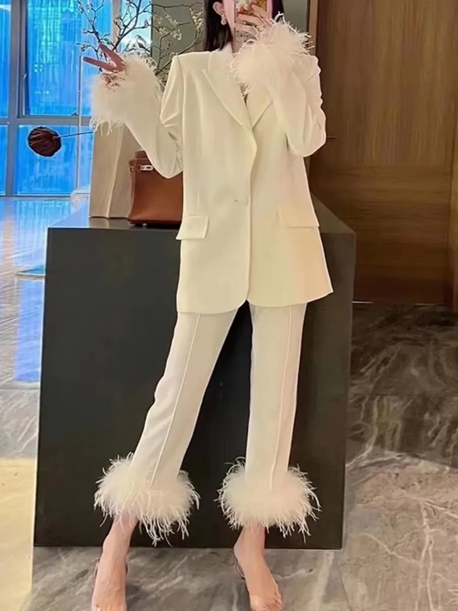 

Spring And Autumn New High Quality Fashion Ostrich Wool Splicing Suit Two Piece Set Temperament Dress Women's Pants Cover