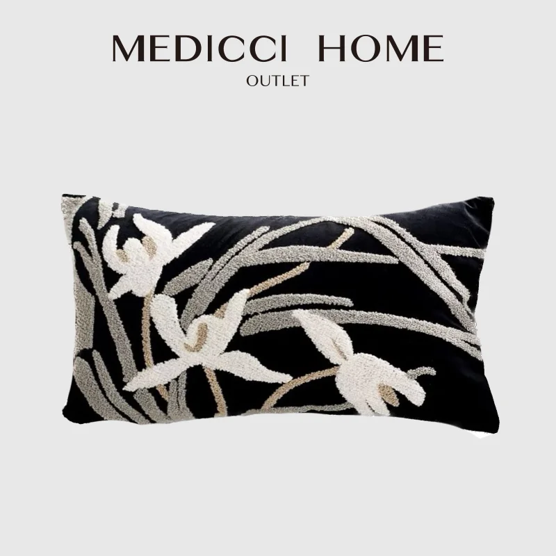 Medicci Home Oriental Orchid Vase Embroidered Cushion Covers Luxury Handmade Throw Pillow Case French Fashion Living Room Decor