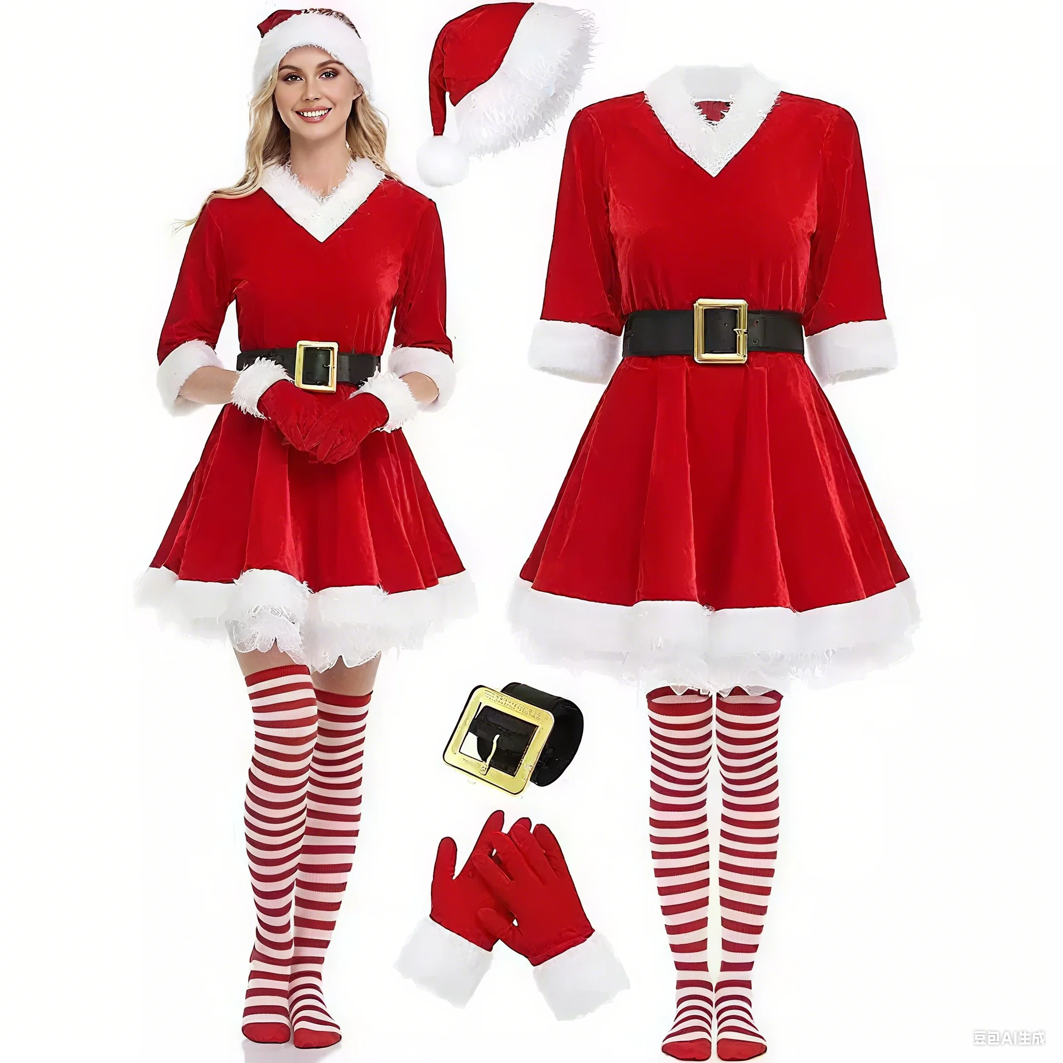 

Adult Women Cosplay Costume Santa Claus Red Velvet Dress Striped Stockings Traditional Holiday Themed Party Role Playing Set