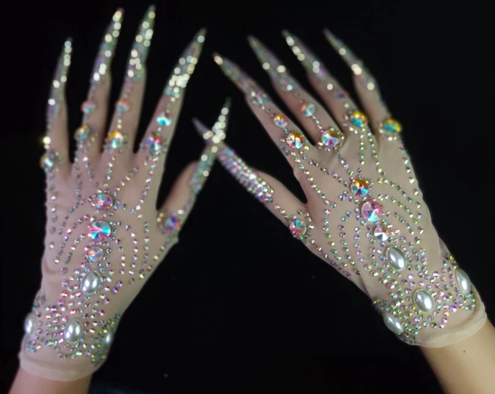 Guantes de perlas de diamantes de imitación AB para mujer, lujosos guantes de uñas de longitud grande, traje de Drag Queen, accesorios de actuación