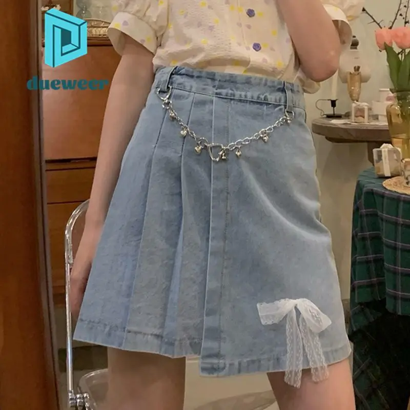 

DUEWEER Summer Retro Bow High Waist Denim Skirt Women's Korean Fashion Pleated A Line Mini Skirt Vintage Lolita Kawaii Miniskirt