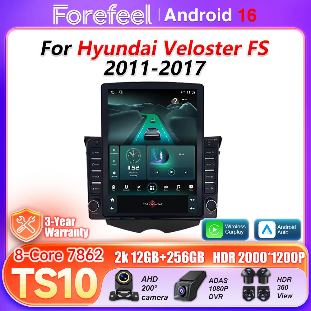 Android16 Auto Carplay For Hyundai Veloster FS 2011 2012 2013 - 2017 Multimedia Player Car Radio BT 5G Wifi Video GPS Stereo 2k