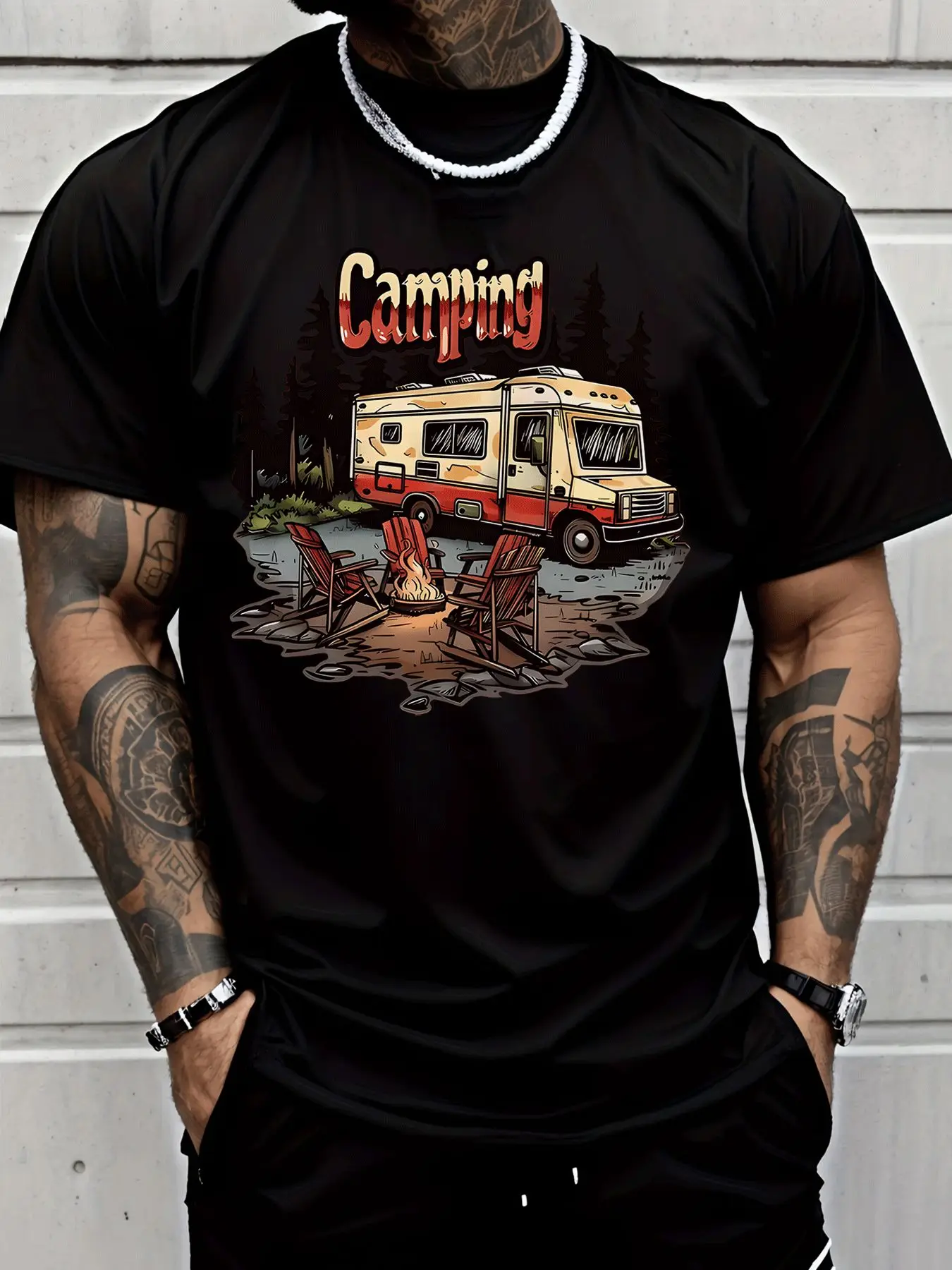 Mens RV Camping Graphic T Shirt Camper Van Campfire Outdoor Streetwear Short Sleeve O Neck Cotton Casual Summer Tee For Men