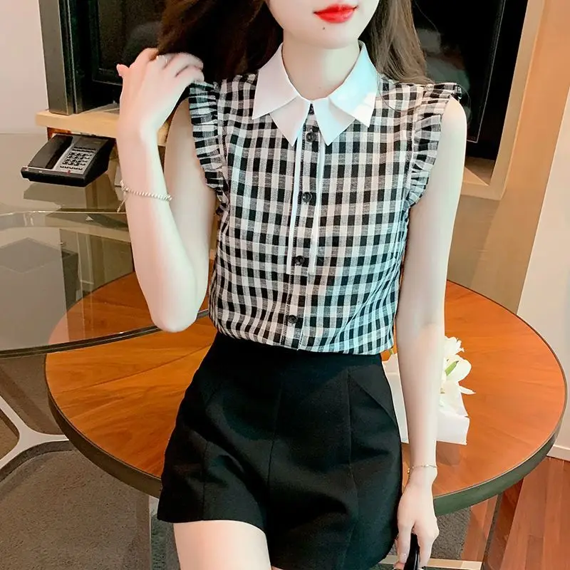 Plaid Contrast Patchwork Office Shirt Tops Summer New Polo Neck Ruffles Pleated Vintage Blouse Fashion Casual Women Clothing