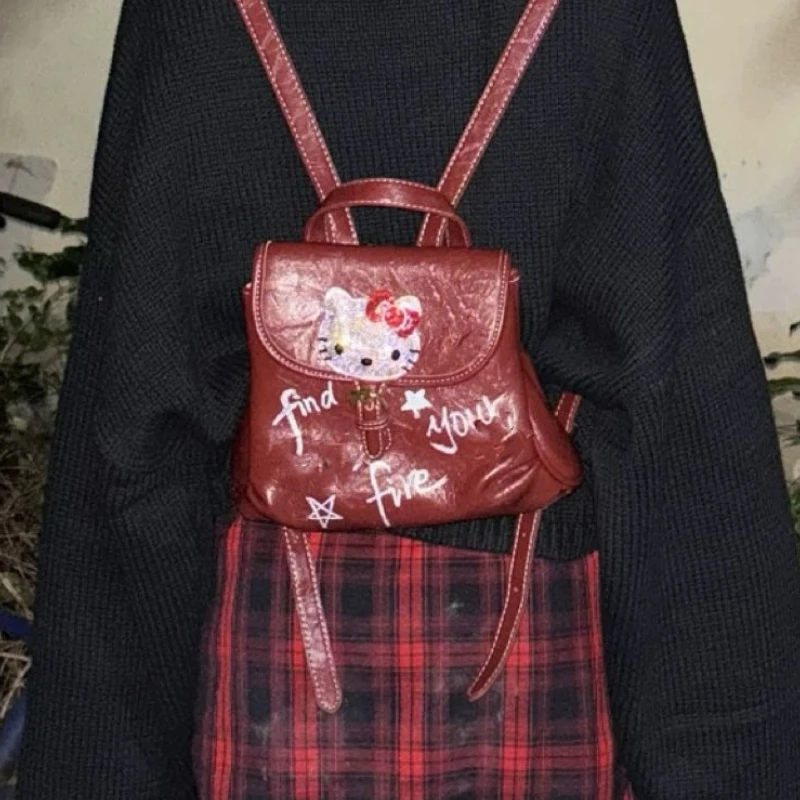 Xiuya Vintage Womens Backpack Hello Kitty Fashion Small Kawaii Y2k Casual Backpacks Burgundy Graffiti Sweet Cute Female New Bag