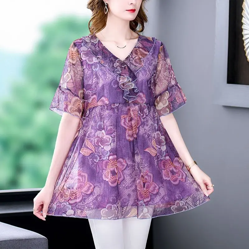 Summer New Thin Printing Chiffon Shirt Tops Short Sleeve O-Neck Loose Plus Size Floral Blouse Vintage Fashion Women Clothing