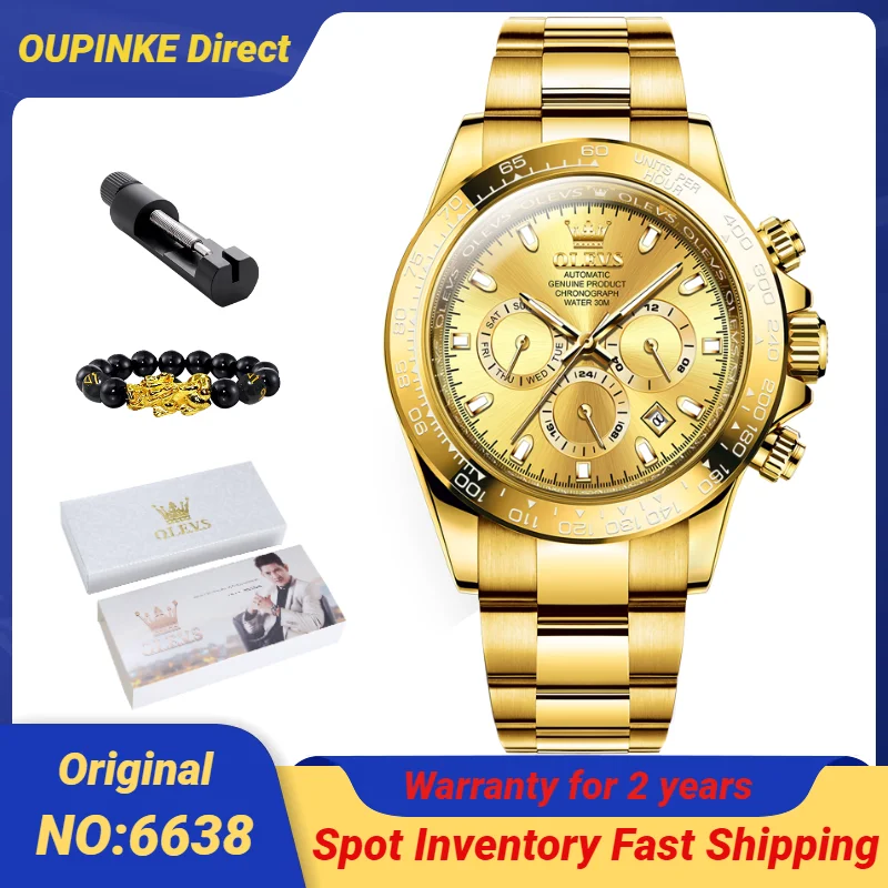 

OLEVS 6638 Gold Men's Watches Multifunctional Chronograph Wristwatch Men Luxury Brand Waterproof Stainless Steel Watch for Man