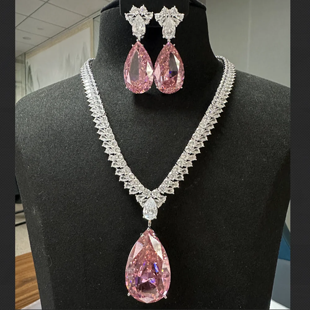 Luxury Large Pear Cut Lab Purple Yellow Pink Crystal Diamond Pendant Tennis Necklace Large Earrings Jewelry Set Women