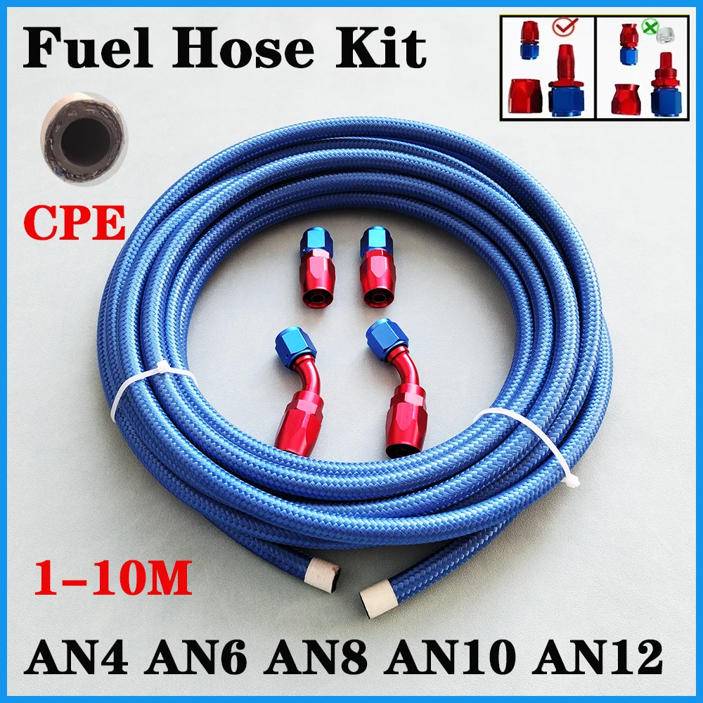 

1-10M AN4 AN6 AN8 AN10 AN12 CPE Rubber Oil Fuel Fittings Hose End 0+45 Degree Oil Adaptor Kit Braided Oil Fuel Hose Line Blue