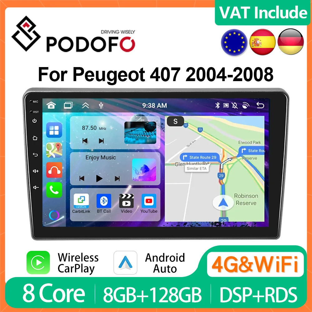 Podofo 4G CarPlay Android Car Radio For Peugeot 407 2004-2008 Multimedia Player 2din Head Unit GPS Stereo 13.1