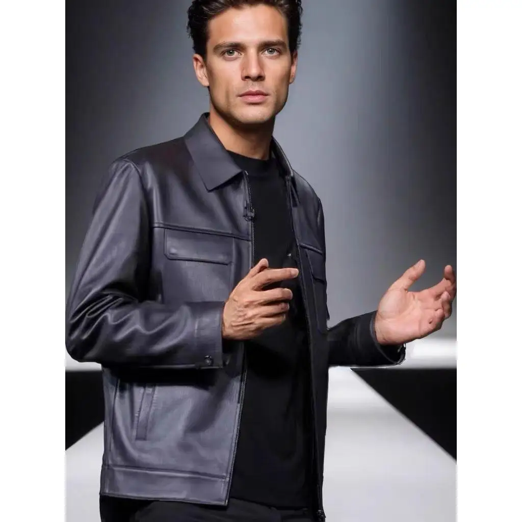 

Spring 2025 Faionable eepskin Leather Jaet Youth Trendy Outerwear Stand Fit Long Sve Pure Color Straight Hem Jaet