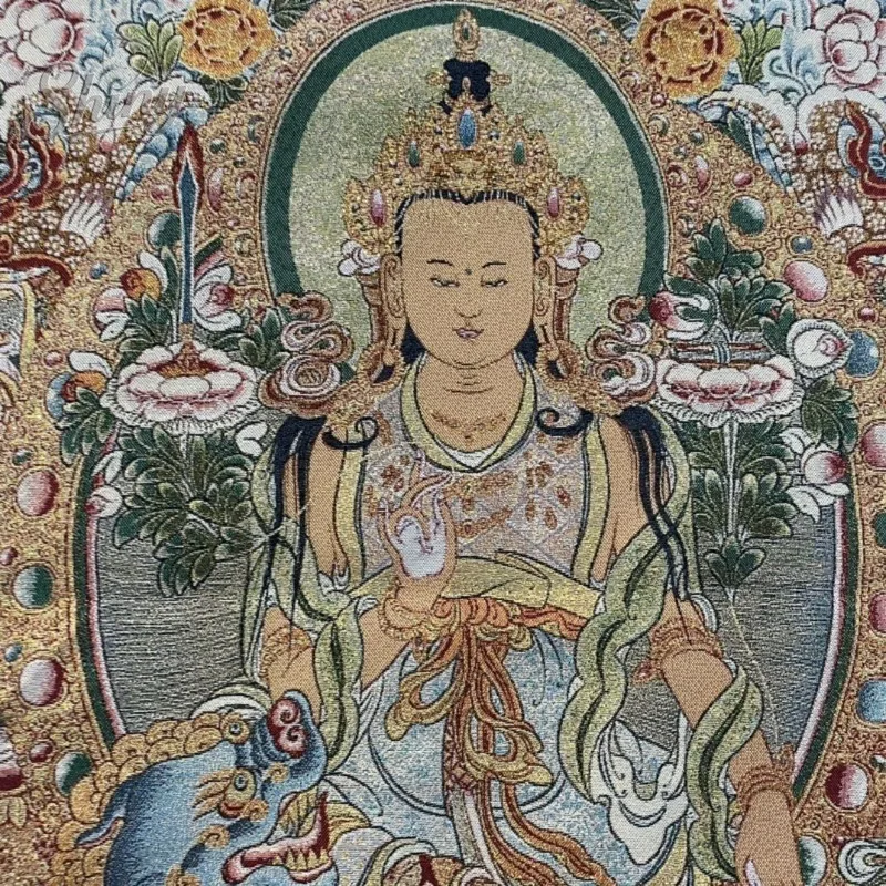 35.4″ Manjushri Bodhisattva Brocade Tibetan Tangka Embroidery Painting Gold Thread Embroidery Decorative Hanging Pictures