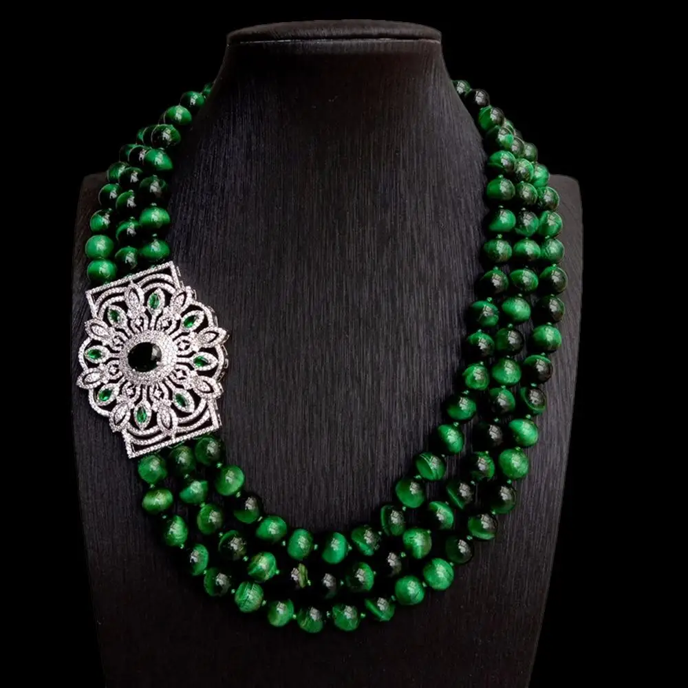 kkgem 3 strands cz pave flower connector green tiger eyes round beads necklace