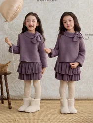Korean Children Clothing 2024 Autumn Winter New Pure Purple Knit Suit Girl Warm Long Sleeve Sweater Cute Cake Knitted Skirt Set