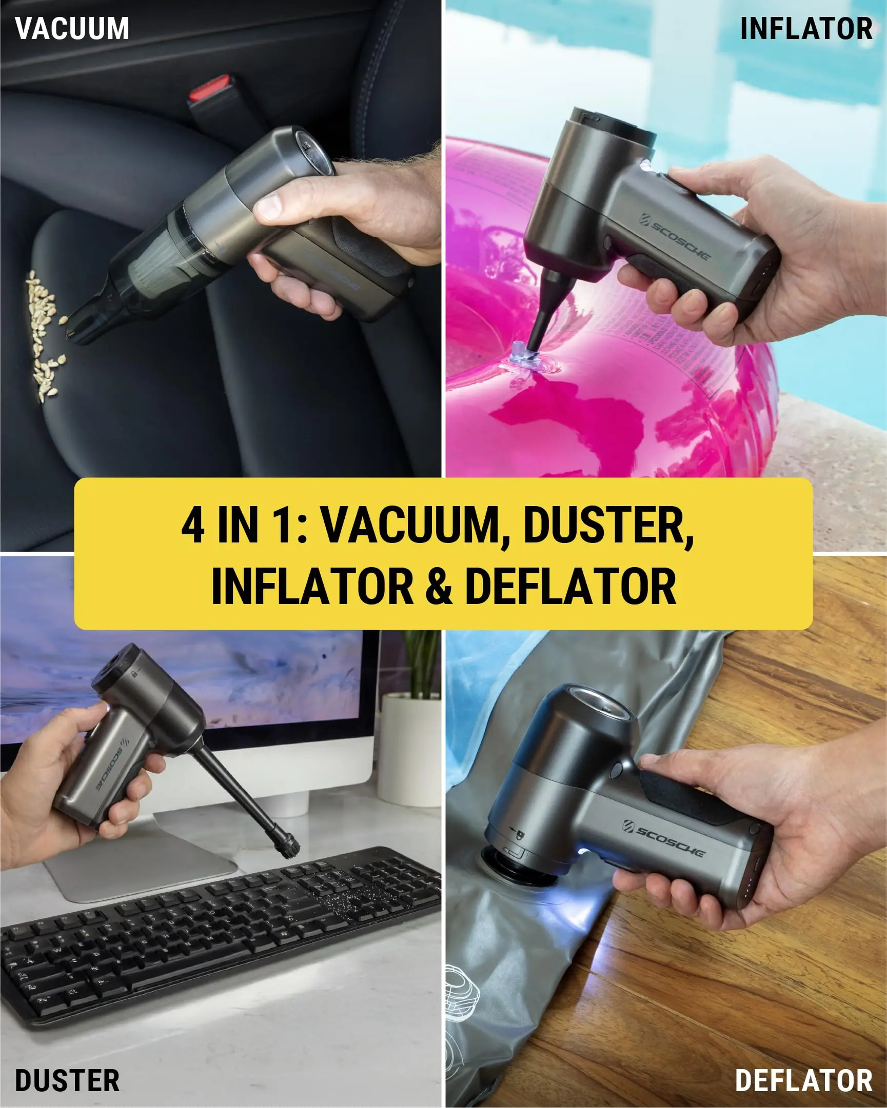 Handheld Vacuum Cleaner with Inflator, Deflator & Air Duster, 4-in-1 Small, High Power, Rechargeable Portable Hand Held Vacuum