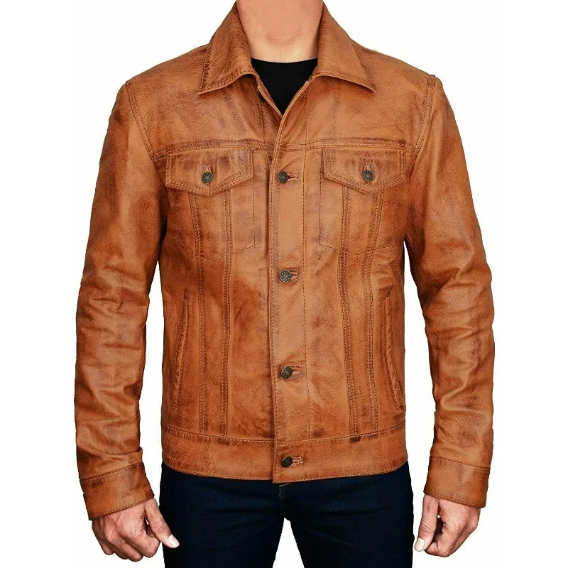 Men\'s Brown Trucker Vintage Jacket Classic Style Real Lambskin Leather Jacket Fashion Trends