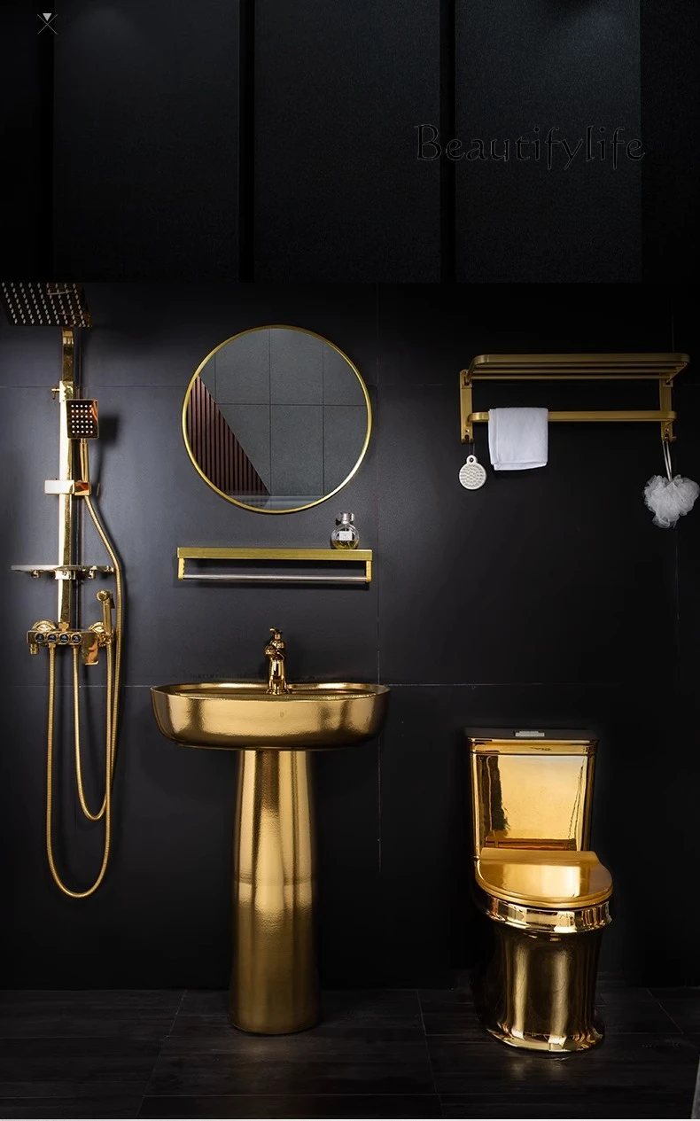 Ceramic European wash basin, gold column bathroom, gold-plated washbasin integrated floor-to-ceiling hotel