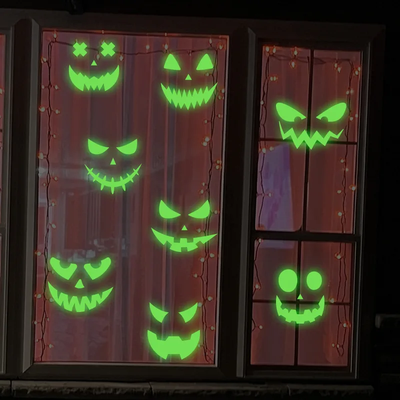 Luminous Fluorescent Green Pumpkin Face Wall Sticker, Scary Expression Halloween Self Adhesive Atmosphere Festival Decor Decal