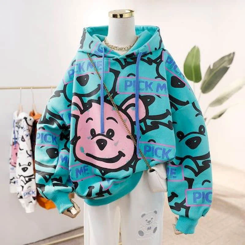 Vintage Hoodies Oversized Drawstring Hooded T-shirt Casual Cartoon Print Korean Style Long Sleeve Streetwear Women Clothes Trend