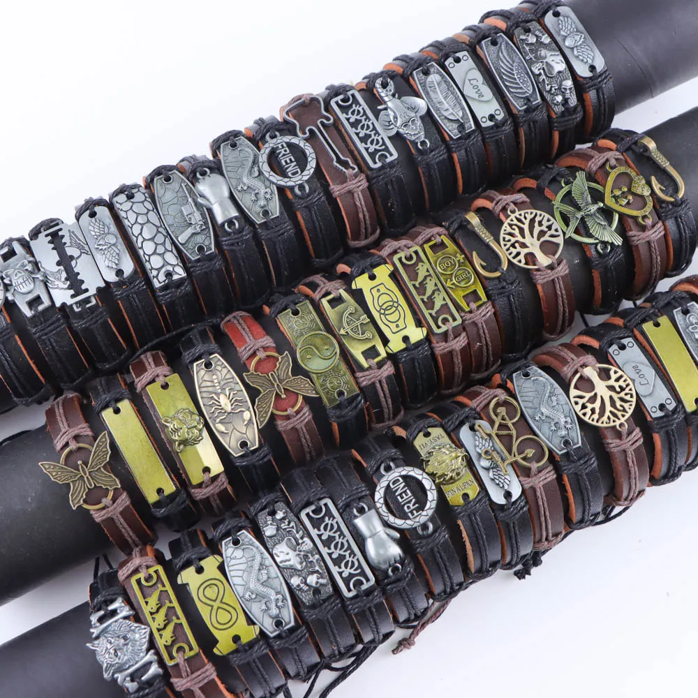 10/20/30/50/100Pcs Vintage Trend Colorful Cowhide Woven Adjustable Leather Bracelets Mens For Holiday Party Best Gifts Wholesale