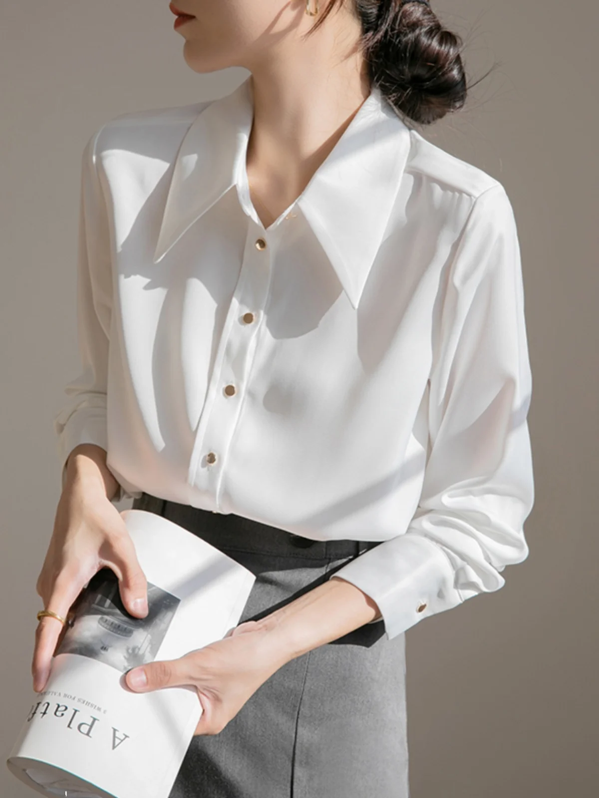 

Ele Women's Chiffon irt Long Sve Dra Commute OL Career Top Korean Sle White irt Asymmetrical Hemline