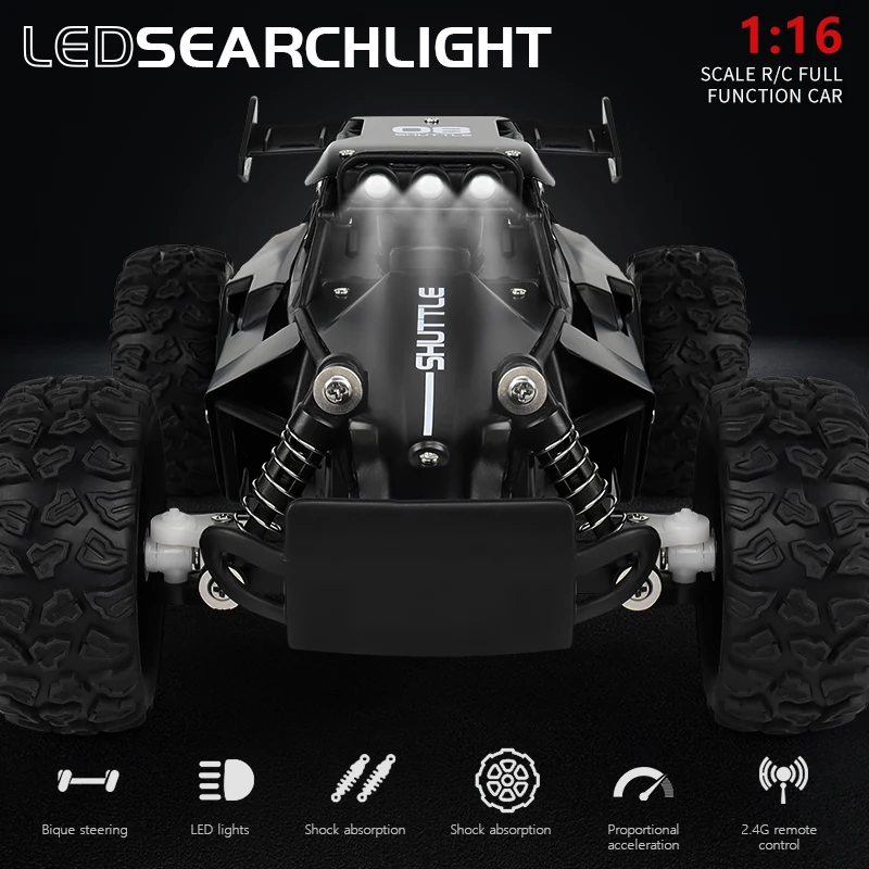 1:16 RC Car with LED Light 2.4G 2WD 20KM/H High Speed Off-Road Climbing Remote Control Car Toy Gifts for Kids