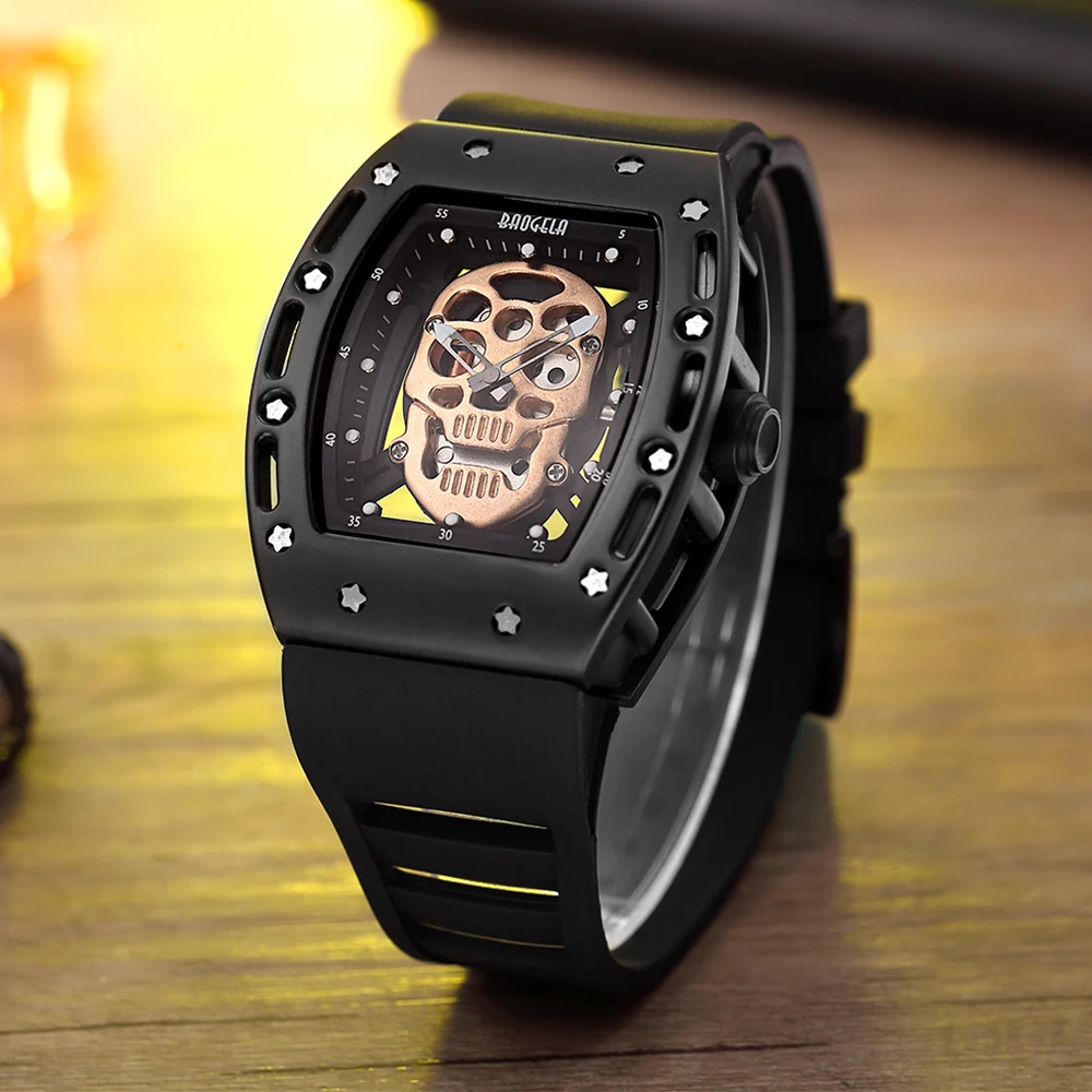 Grote herenhorloge Sport Trendy Zwart Rose Gouden Schedel Uitgehold horloge met wijzerplaat Siliconen band Quartz Mille Horloge voor grote pols Man