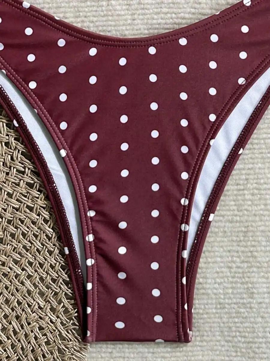 

Burgundy White Polka Dot Strapless Two-Piece Bikini Set For Women Summer Beach High-Cut Bottom Swimwear