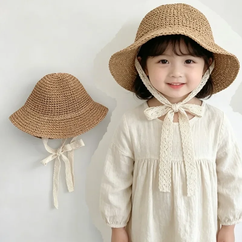 1PC Baby Hats and Caps for Kids Fashion Lace Baby Hat Summer Straw Bow Baby Girl Cap Beach Children Panama Hat Princess