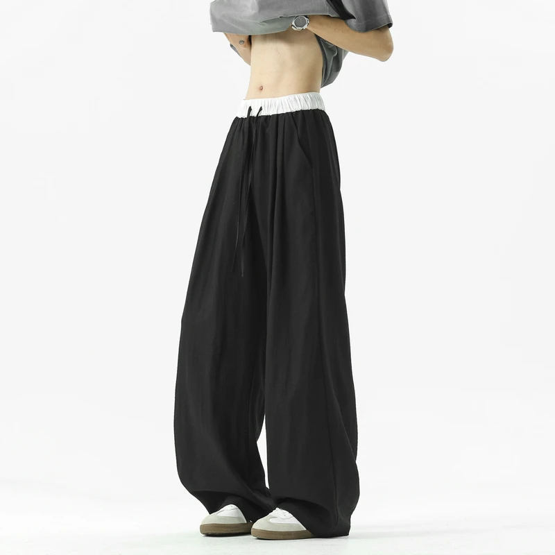 Men's Contrast Waist Wide Leg Pants Summer Linen-Look Loose Fit Casual Trousers Elastic Drawstring Streetwear Breathable Pants