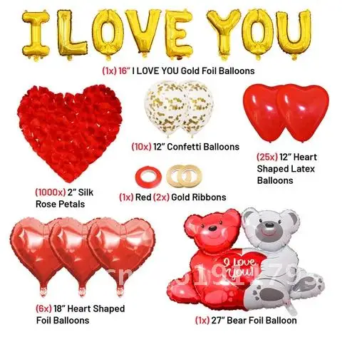 56pcs/Set Red Valentines Day Decor Balloon With I LOVE YOU Hug Bear Foil Balloons Silk Rose Petals  Valentine's Day Decorations