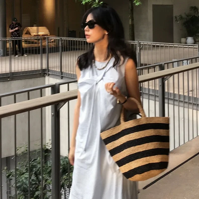 

Retro Fashion Natural Straw Raffia Straw Beach Lady Hand Bag Tote Travel Bohemian Strip Women Summer Basket Handbag Purse