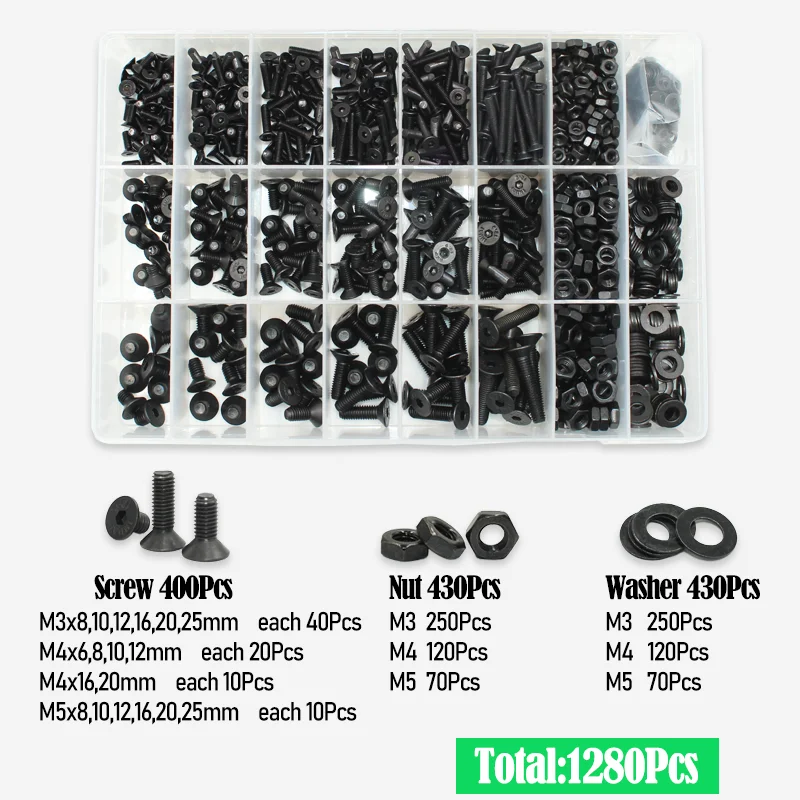 2520/Set schwarze Flachkopf-Innensechskantschrauben, Senkkopfschrauben, Muttern-Set, M2, M2,5, M3, M4, M5, M6, M8, legierter Stahl der Güteklasse 10,9, DIN 7991 – Detail 11