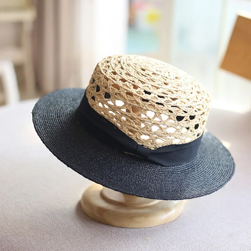 LongBaiLi Summer Casual Wide Brim Raffia Straw Sun Hat For Women Flat Top Panama Sun Protection Beach Hat