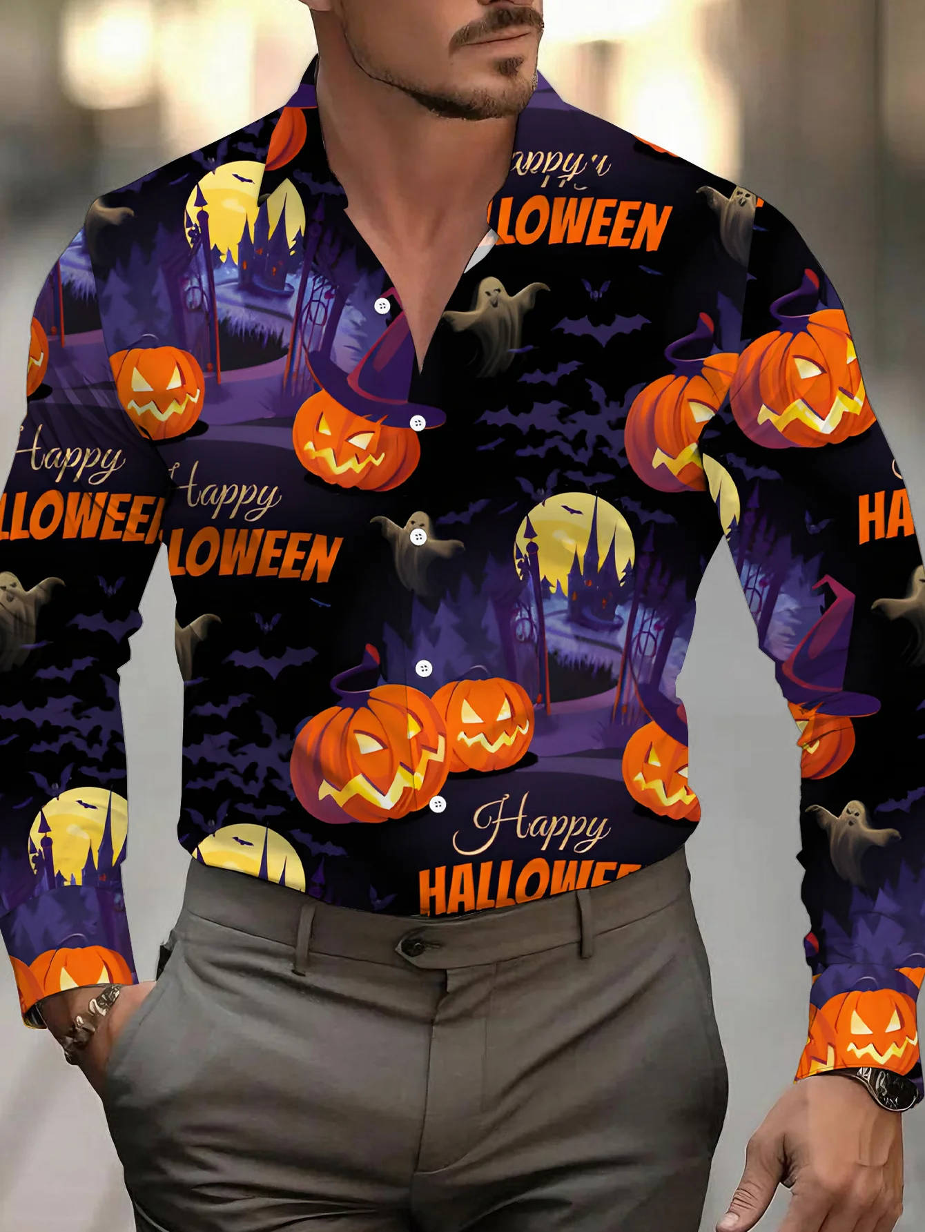 Men Long-Sleeve Button-Down Shirt Black Purple Halloween Pumpkin Bat Print Polyester Lapel Collar Party Top