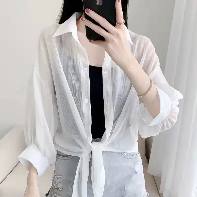 

Korean Solid Color Chiffon Sunscreen Shawl Women's Blouses Summer Cardigan Thin Outer Jacket Neck Guard Cloak Sun Scarf R23