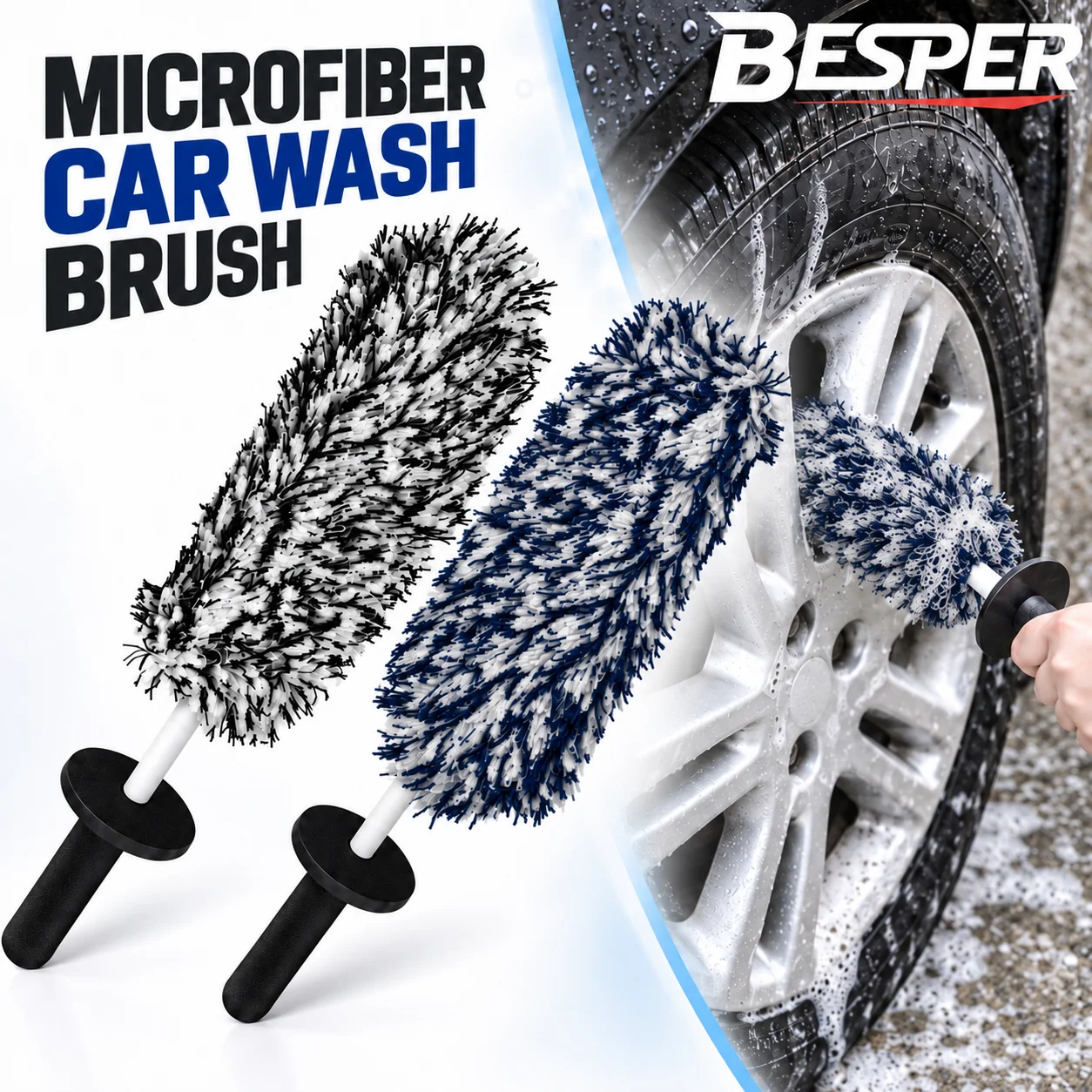 Car Wash Brush Premium Microfiber Wheel Brush with Non-Slip Long Handle for Cleaning Rims Spokes Wheel Barrel and Tight Spots