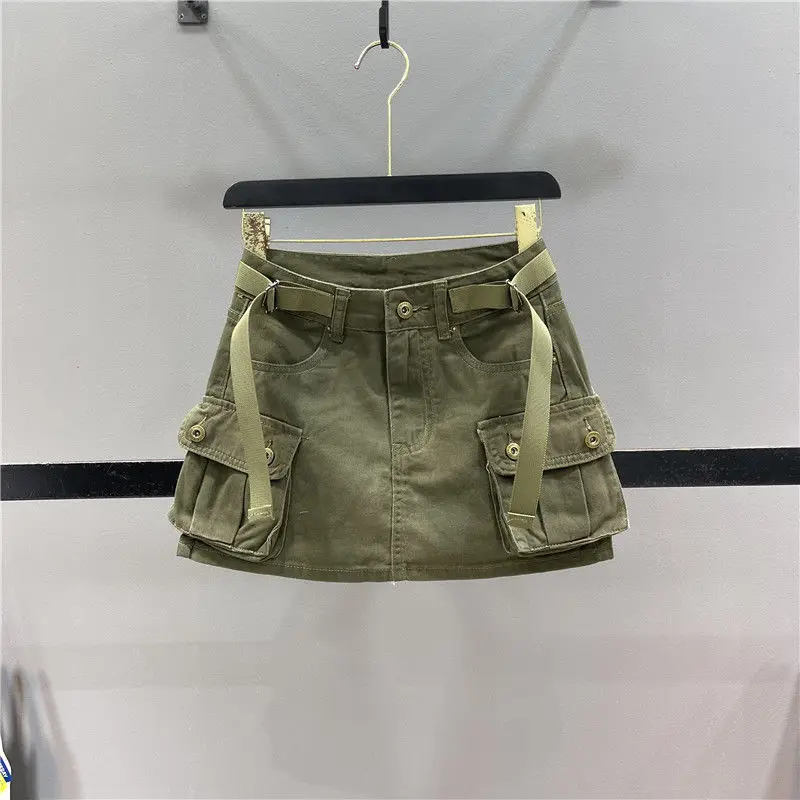 Women Vintage Casual Vintage Skirt Sexy Women's Denim Skirts Three Dimensional Strap Pocket Wash High Tooling A-line Jean Skirt