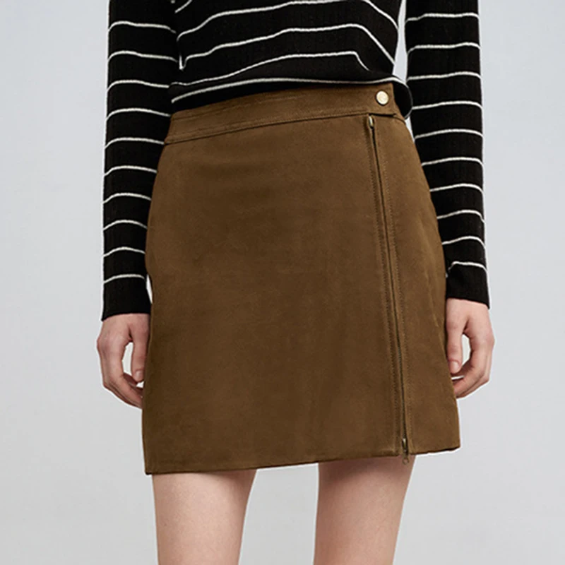 New Genuine Suede Mini Skirt for Women Autumn Fashion Simple Two-Way Zipper Borwn Versatile A-Line Short Wrap Skirt Faldas Mujer