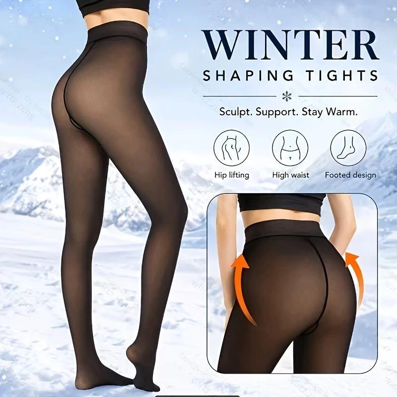 Thermal Pantyhose Women Fleece Lined Tights Winter Warm High Waist Tummy Control Slim Translucent Thick Black Stockings Elastic