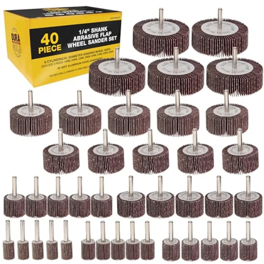 

40-Piece Flap Wheel Sander Set with 1/4" Shank - 80 Grit Aluminum Oxide Sanding Wheels for Drill - 8 Cylindrical Sizes Flapper